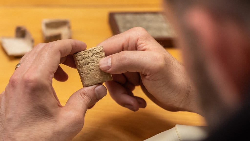 researcher looking at cuneiform tablet