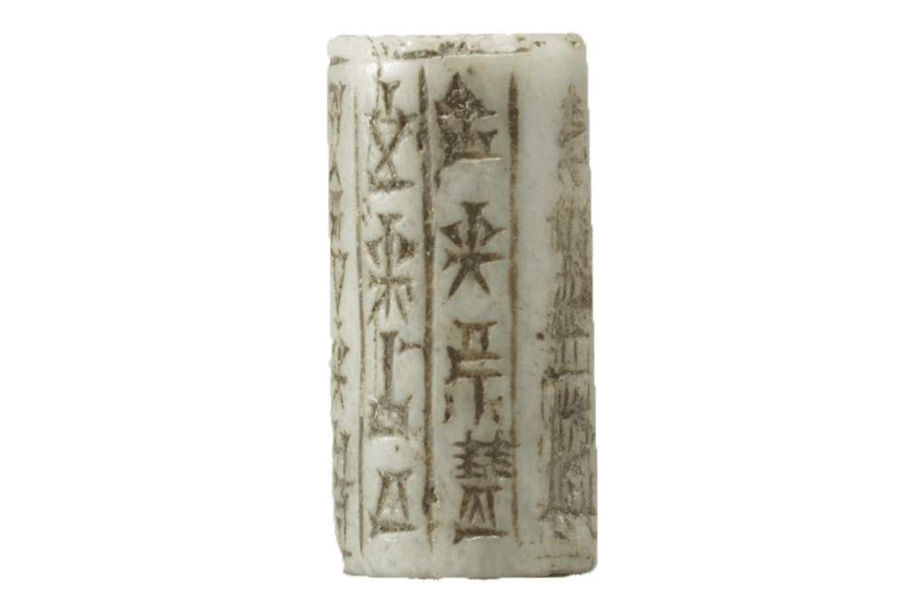 A stone cylinder seal of the Old Babylonian period (ca. 2000-16000 BC).