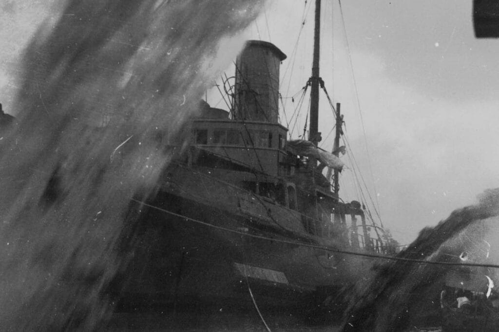 Japanese propaganda photograph from the Pacific War - large ship.